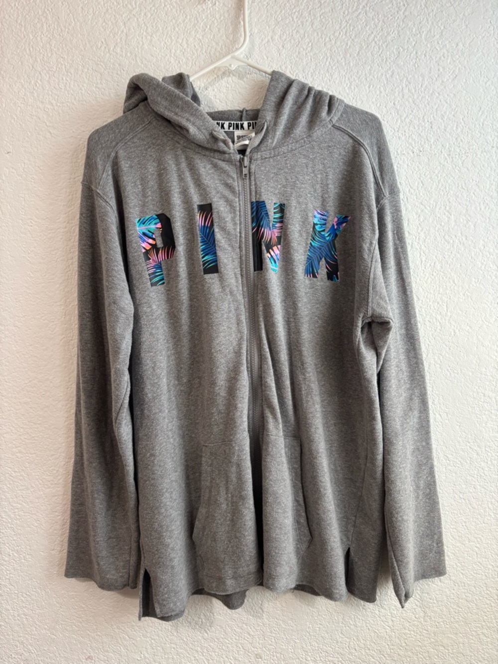 Y2K PINK Grey Zip-Up Hoodie with Tropical Lettering Medium